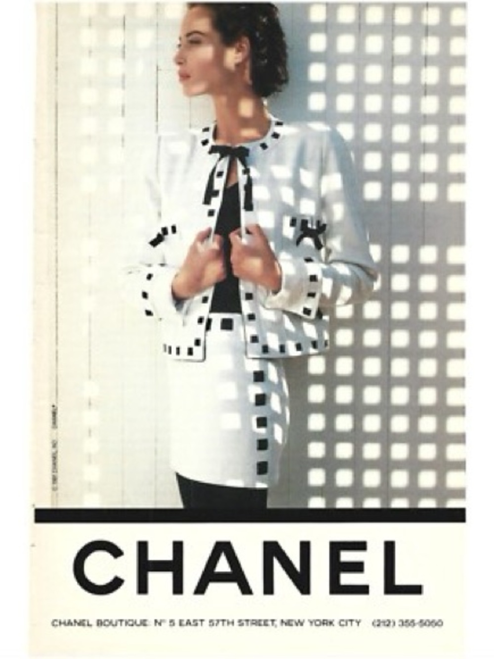 CHANEL White Leather Vintage 1991 Jacket with Black Geometric Trim
